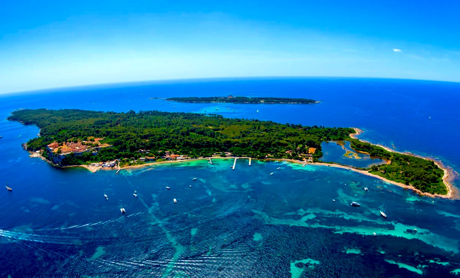 Aerial view of the Îles de Lérins: Sainte-Marguerite in the foreground and Saint-Honorat in the distance.