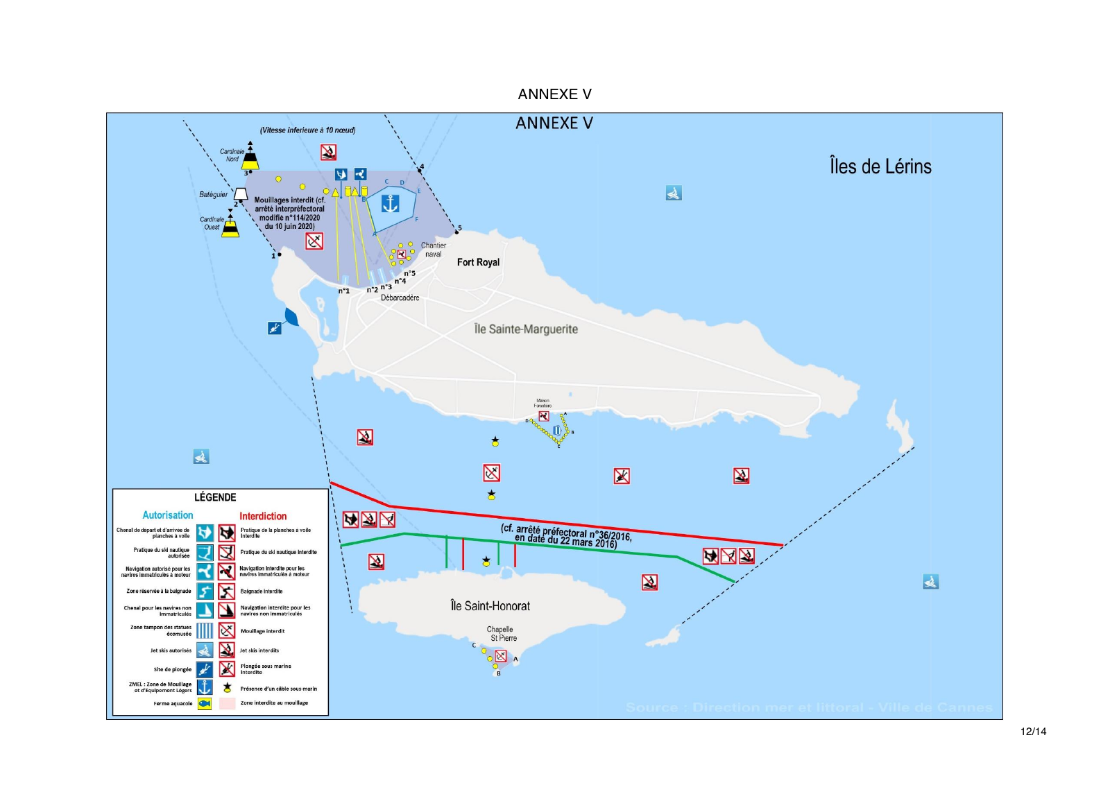Annexe V de l’arrêté 167/2024 : carte réglementaire des îles de Lérins et légende officielle