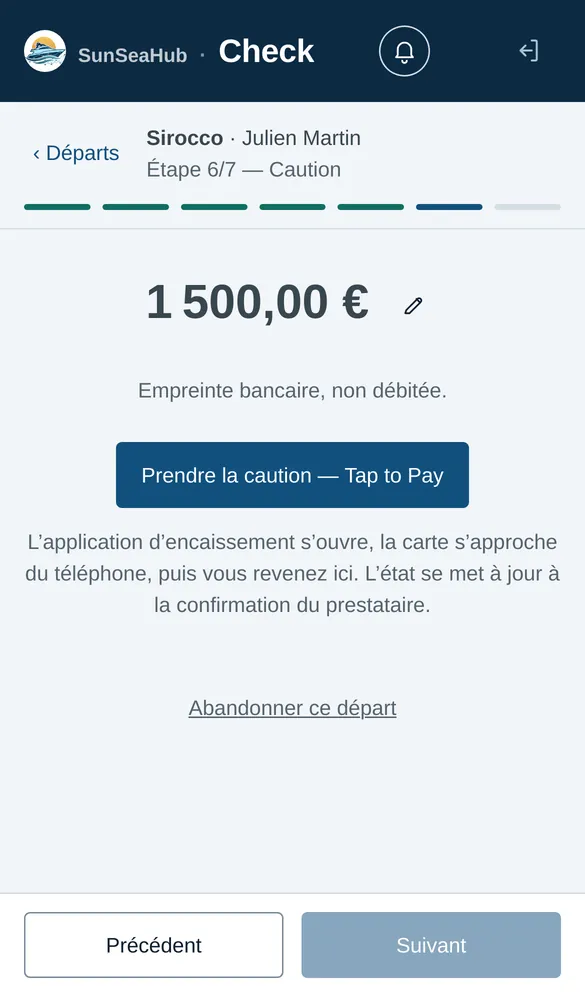 Taking the security deposit at the dock by card pre-authorisation, contactless.