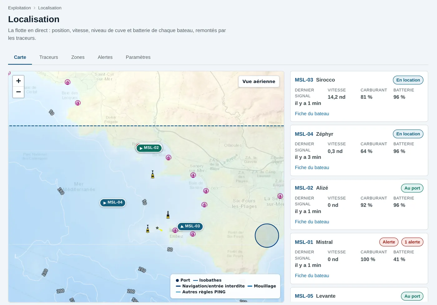 The fleet map: each boat’s position, speed, fuel and battery.