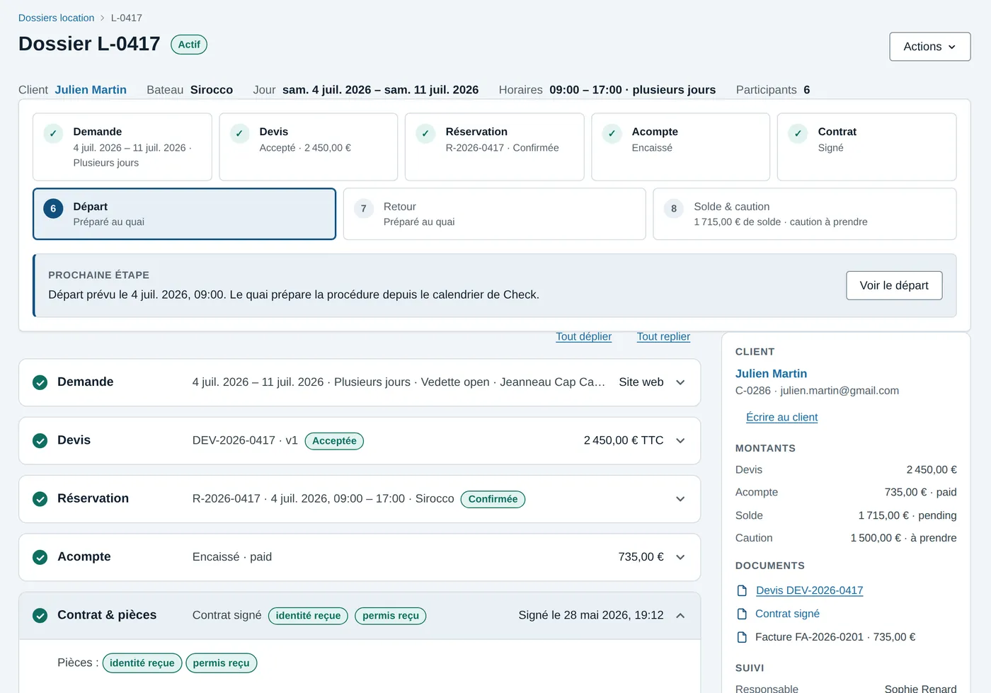 A booking in Fleet: the eight steps, the amounts and the documents.