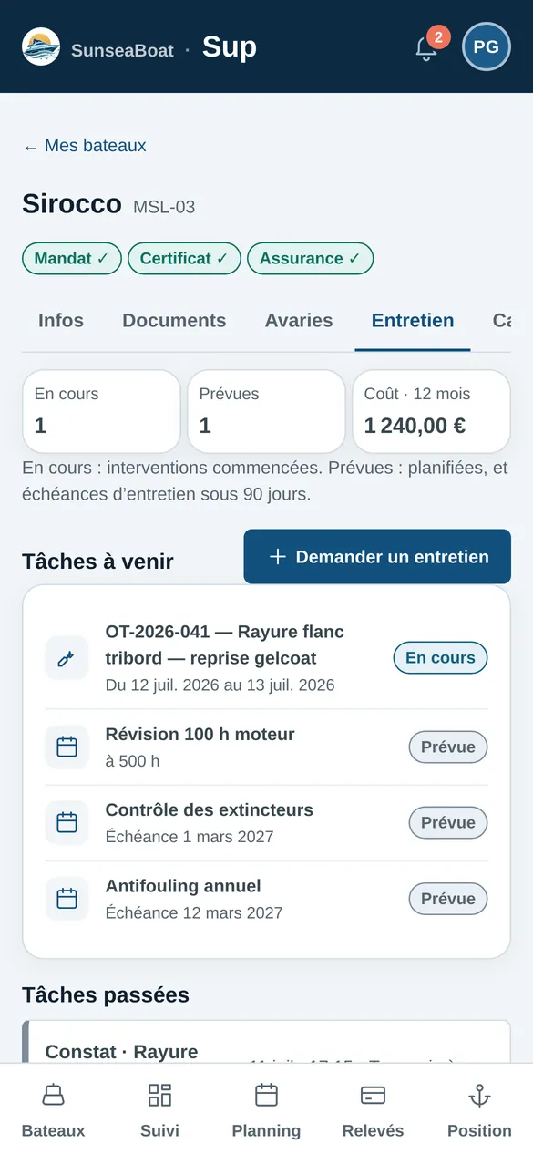 The boat’s page, owner view: documents and maintenance.